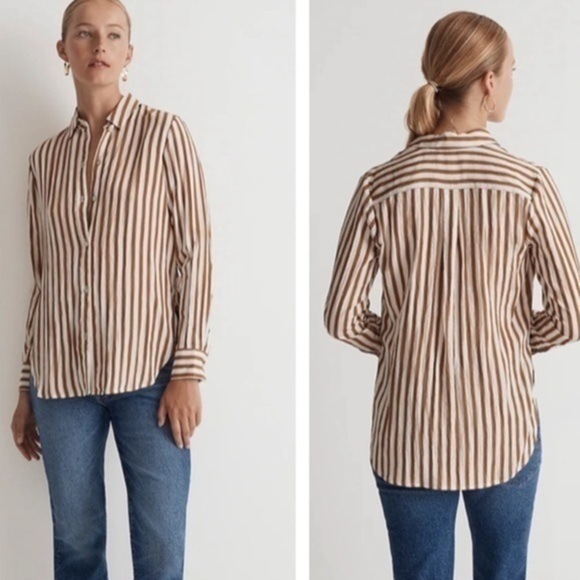 Madewell Tops - Madewell Crinkled Button Up Shirt Toffee Brown Striped XS